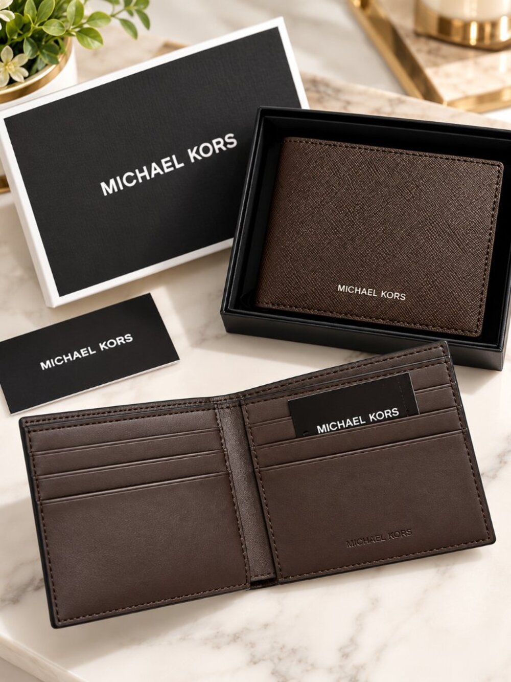 Michael Kors Men Slim Bifold Wallet Brown Solid